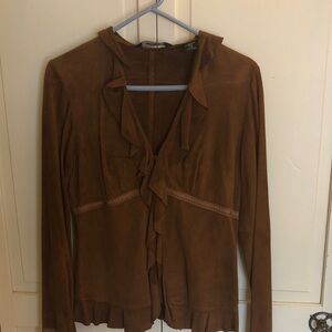 Express Brown Leather Women's Blazer with Ruffle Trim